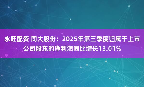 永旺配资 同大股份：2025年第三季度归属于上市公司股东的净利润同比增长13.01%